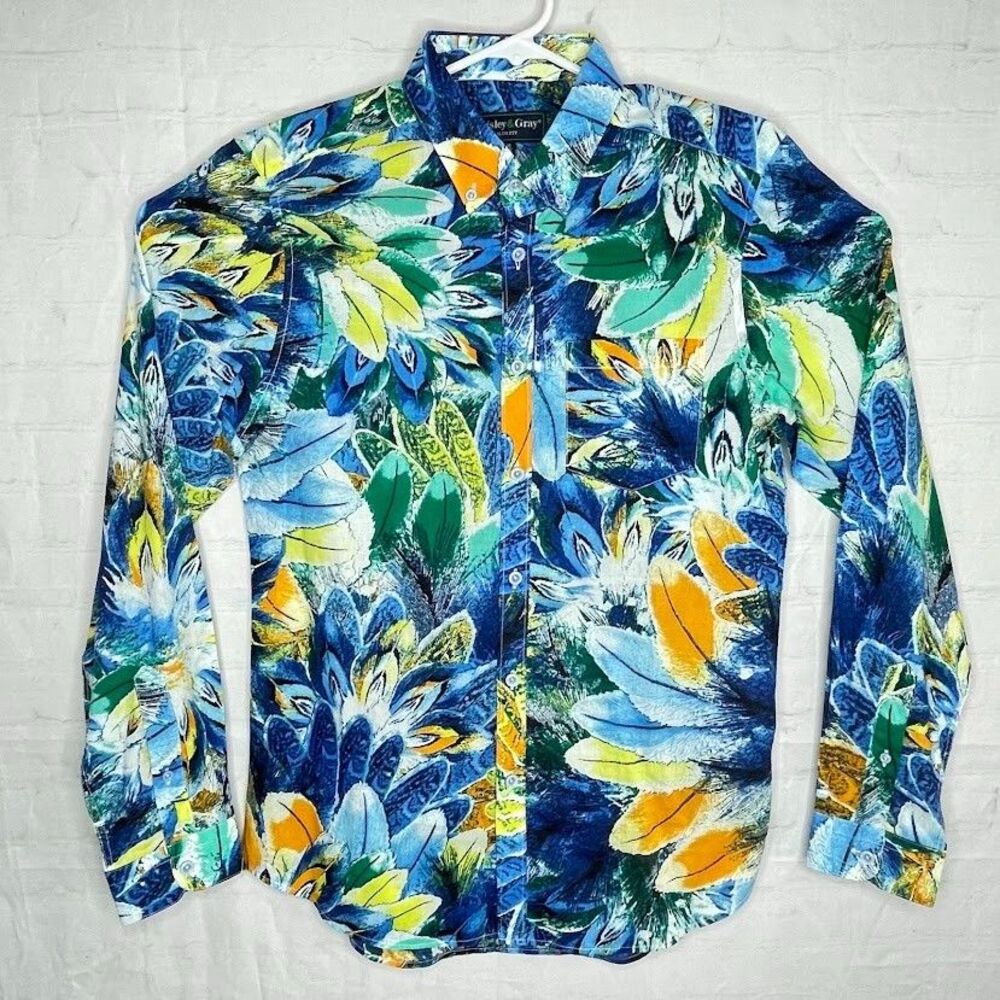 Paisley & Gray Button Up Shirt Mens Medium Slim Blue Peacock Floral Cotton NEW!